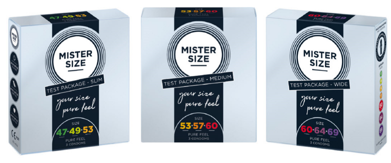 Три разных пробных упаковки презервативов Mister Size